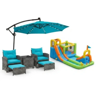 Costway Summer Patio Luxury Bundle: 5-pc Rattan Furniture Set, 8-in-1 Water Slide & 10ft Led Offset Umbrella In Multi