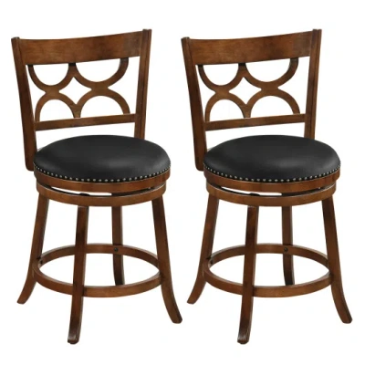 Costway Swivel Bar Stools Set Of 2 With High Backrest And Wood Frame-24 Inches In Brown