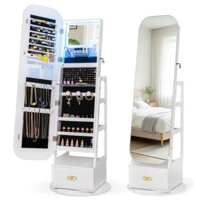 Costway Swivel Jewelry Cabinet With Full-length Mirror And Led Lights And Storage Shelves-white In Gray