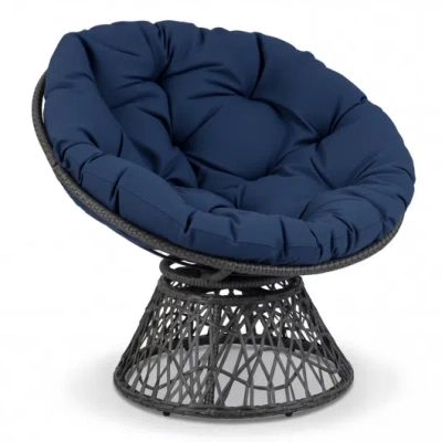 Costway Swivel Papasan Chair Round Wicker Lounge Chair With Thick Cushion-navy In Blue