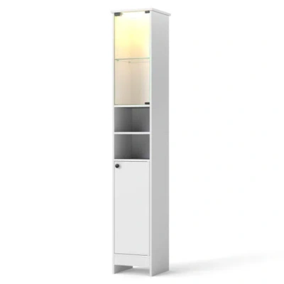 Costway Tall Bathroom Storage Cabinet With Led Lights And Adjustable Shelves-white