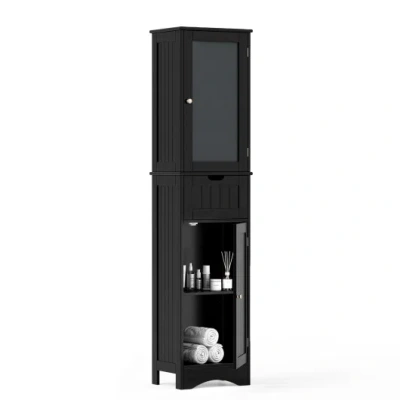 Costway Tall Floor Storage Cabinet With 2 Doors And 1 Drawer For Bathroom-black