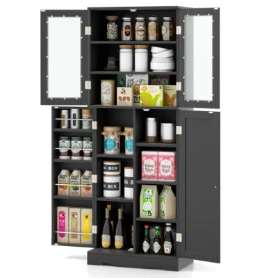 Costway Tall Kitchen Pantry Cabinet With Dual Tempered Glass Doors And Shelves-black