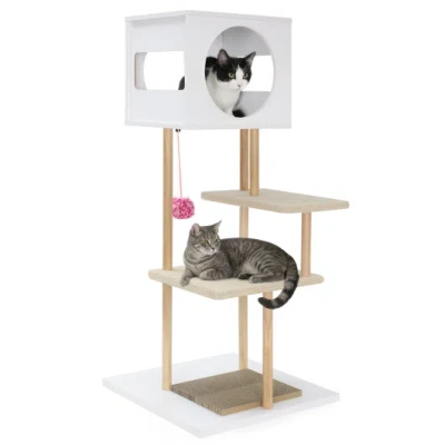 Costway Tall Wood Cat Tower With 2 Corrugated Cardboard-white In Gray