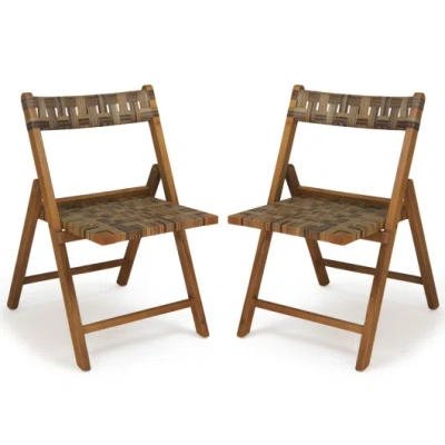 Costway Teak Folding Chairs Set Of 2 With Hand-woven Rattan And Contoured Back In Brown