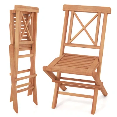 Costway Teak Wood Folding Patio Chairs Set Of 2 With Sturdy Frame & Comfort Back For Garden In Brown