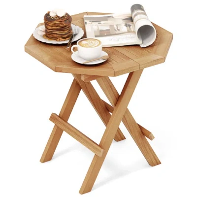 Costway Teak Wood Octagon Coffee Table With X-shaped Legs And Slatted Tabletop In Brown