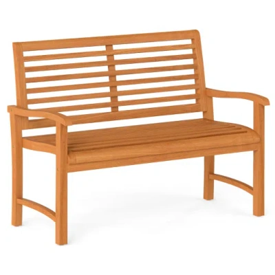 Costway Teak Wood Outdoor Garden Bench With Slatted Backrest And Seat In Brown