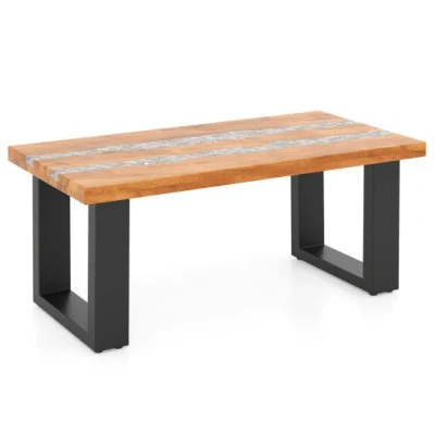 Costway Teak Wood Patio Table With River Feel Epoxy Tabletop In Brown