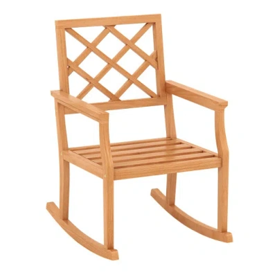 Costway Teak Wood Rocking Chair Oversized Porch Rocker With Backrest And Slatted Seat In Brown