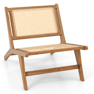 Costway Teak Wooden Chair With Handwoven Rattan Seat And Backrest In Multi