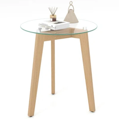 Costway Tempered Glass End Table Round With Solid Rubber Wood Structure-1 Piece In Transparent