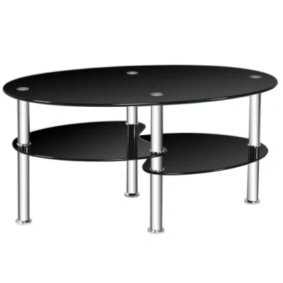 Costway Tempered Glass Oval Side Coffee Table-black