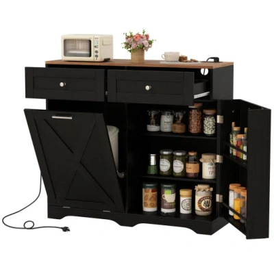 Costway Tilt Out Trash Can Cabinet With Outlets And Adjustable Shelf-black