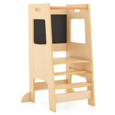 Costway Toddler Kitchen Step Stool With Activity Chalkboard And Adjustable Height-natural In Brown