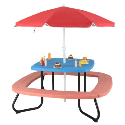 Costway Toddler Outdoor Activity Table With Adjustable And Collapsible Umbrella-blue In Multi