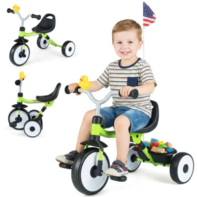Costway Toddler Tricycle With 3-position Seat And Storage Basket For Kids-green In Multi