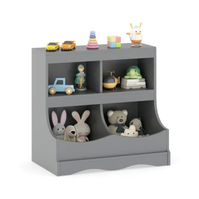 Costway Toy Storage Organizer 4-cubby Kids Bookcase For Toys And Books-gray In Multi