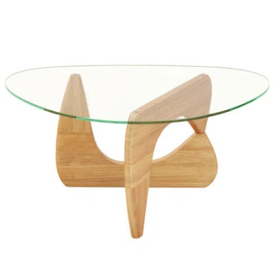 Costway Triangle Coffee Table With Tempered Glass Top And Adjustable Rubber Wood Base-natural In Brown