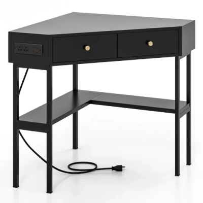 Costway Triangle Corner Desk With Charging Station With 2 Drawers And Storage Shelf-black