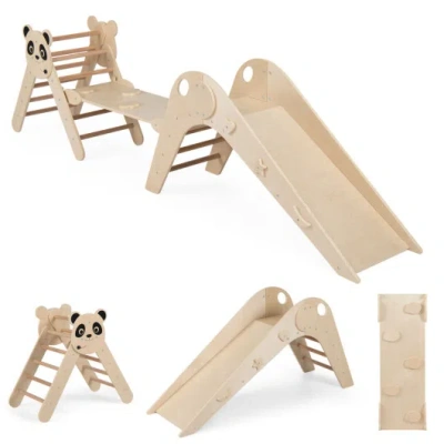 Costway Triangle Set Foldable Kids Climbing Toys Panda-themed Wood Montessori Climbing Set-natural In Multi