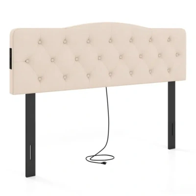 Costway Tufted Upholstered Head Board For Queen And Full Size Bed With 2 Ac Outlets-beige In Pink