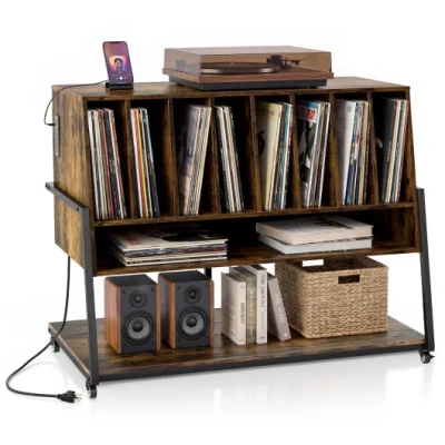 Costway Turntable Stand With Charging Station And Vinyl Storage Shelves-rustic Brown