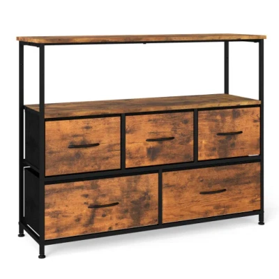 Costway Tv Stand Dresser For 45 Inch Tv 5 Fabric Drawer Entertainment Center-brown