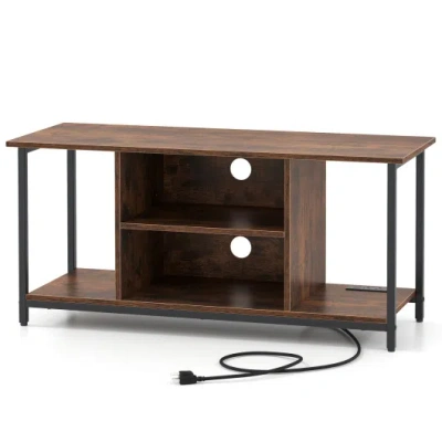 Costway Tv Stand Entertainment Center With Open Storage Shelves And Power Outlets To 50 Inches-rustic Brown In Multi