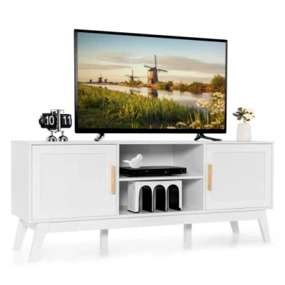 Costway Tv Stand Entertainment Media Console With 2 Rattan Cabinets And Open Shelves-white