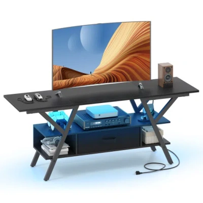 Costway Tv Stand For 65 Inch Tvs With Power Outlets And Led Lights-black In Multi