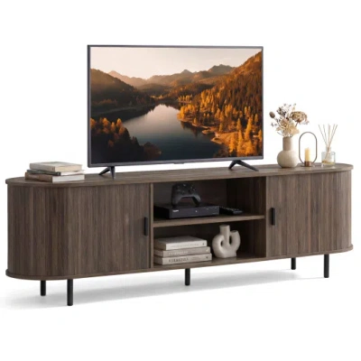 Costway Tv Stand For 80 Inch Tvs Mid Century Modern Entertainment Center With Fluted Sliding Doors-walnut In Brown
