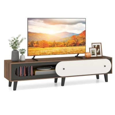 Costway Tv Stand For 80 Inch Tvs Mid Century Modern Entertainment Center With Sliding Door Cabinet-walnut In Brown