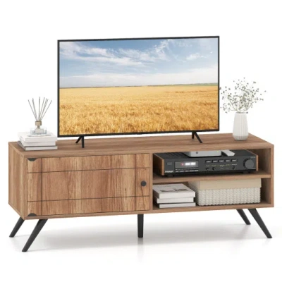 Costway Tv Stand For Tvs Up To 55 Inch Mid Century Modern Entertainment Center With Storage Cabinet-oak In Brown