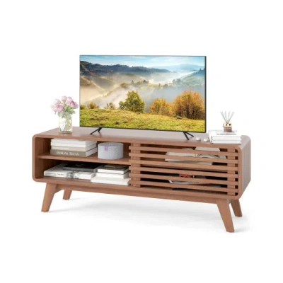 Costway Tv Stand For Tvs Up To 55" With Sliding Door And Adjustable Shelves For Living Room-brown In Multi