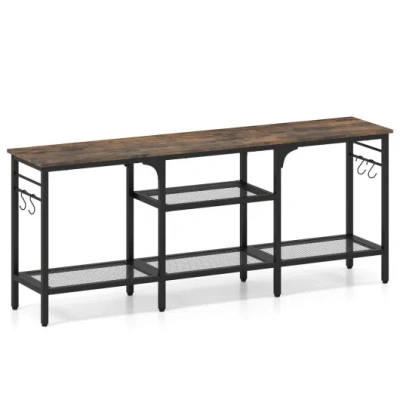 Costway Tv Stand For Tvs Up To 65 Inch With 3-tier Open Shelves And 4 Hooks-rustic Brown & Black In Multi