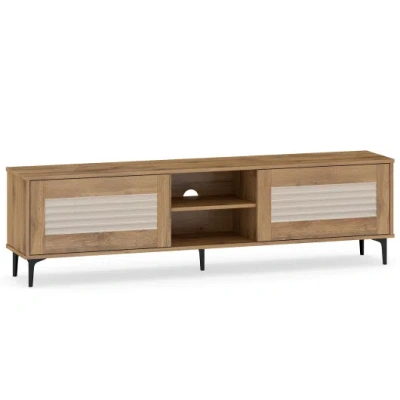 Costway Tv Stand For Tvs Up To 70 Inch Waveform Fluted Entertainment Center-oak In Brown