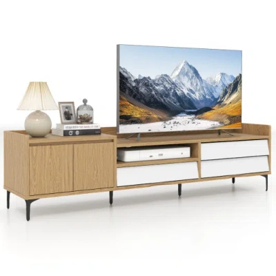 Costway Tv Stand For Tvs Up To 80 Inch Mid Century Modern Entertainment Center With Storage Cabinet-natural In Multi