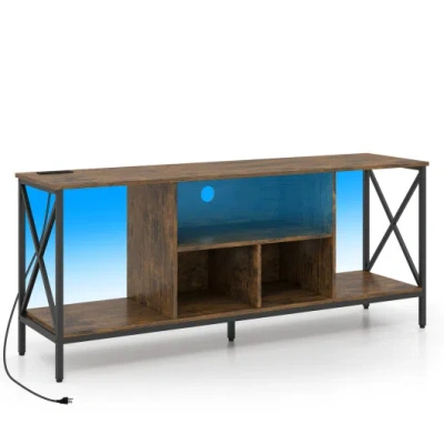 Costway Tv Stand With Led Lights For 65 Inch Tv Entertainment Center With Power Outlets-brown