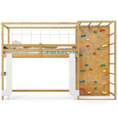 Costway Twin Bunk Bed With Jungle Gym Wooden Loft Bed With Climbing Ladder-natural In Brown