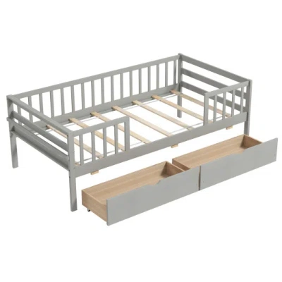 Costway Twin Daybed With Fence And 2 Drawers Kids Bed For Boys & Girls-gray In Multi