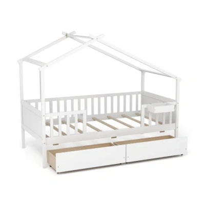 Costway Twin House Bed With 2 Storage Drawers And Roof & Fence Rails-white