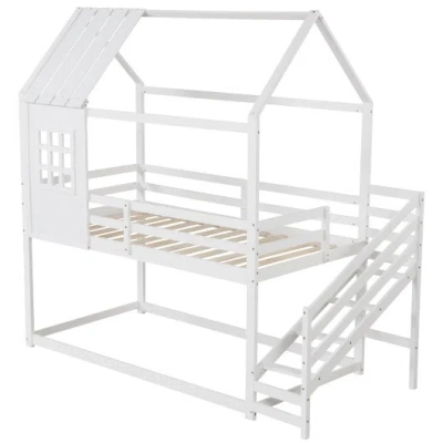 Costway Twin House Bed With Stairs And Roof For Kids-white In Multi