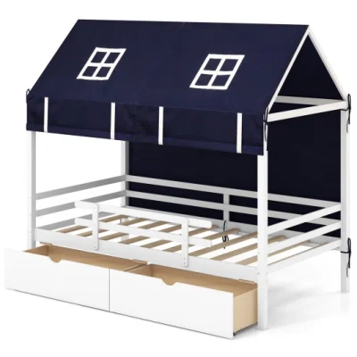 Costway Twin House Bed With Tent And 2 Storage Drawers For Kids-white In Multi