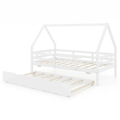 Costway Twin House Bed With Trundle And Fence Rail-white