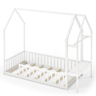 Costway Twin House Floor Bed Montessori Bed Frame With Storage Shelf-white