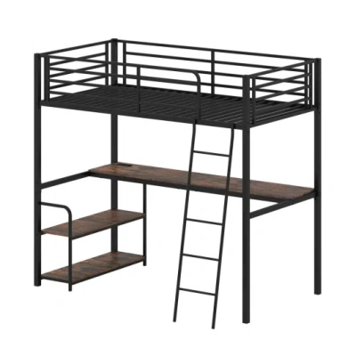 Costway Twin Loft Bed With Desk And Shelves For Kids And Adults-rustic Brown In Black