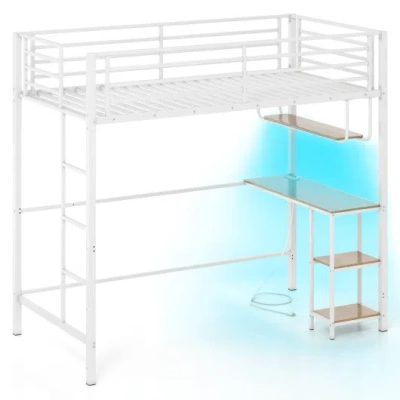 Costway Twin Loft Bed With Desk Led Lights Charging Station Heavy-duty Metal Bed Frame With Guardrail-white In Multi