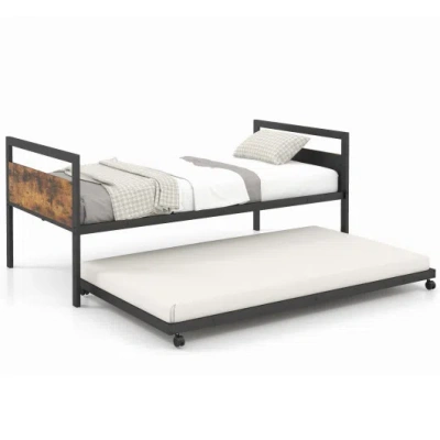 Costway Twin Metal Daybed With Trundle Lockable Wheels-twin Size In Black