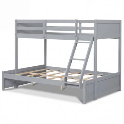 Costway Twin Over Full Bunk Bed With 3-step Ladder And Full-length Guardrails-gray